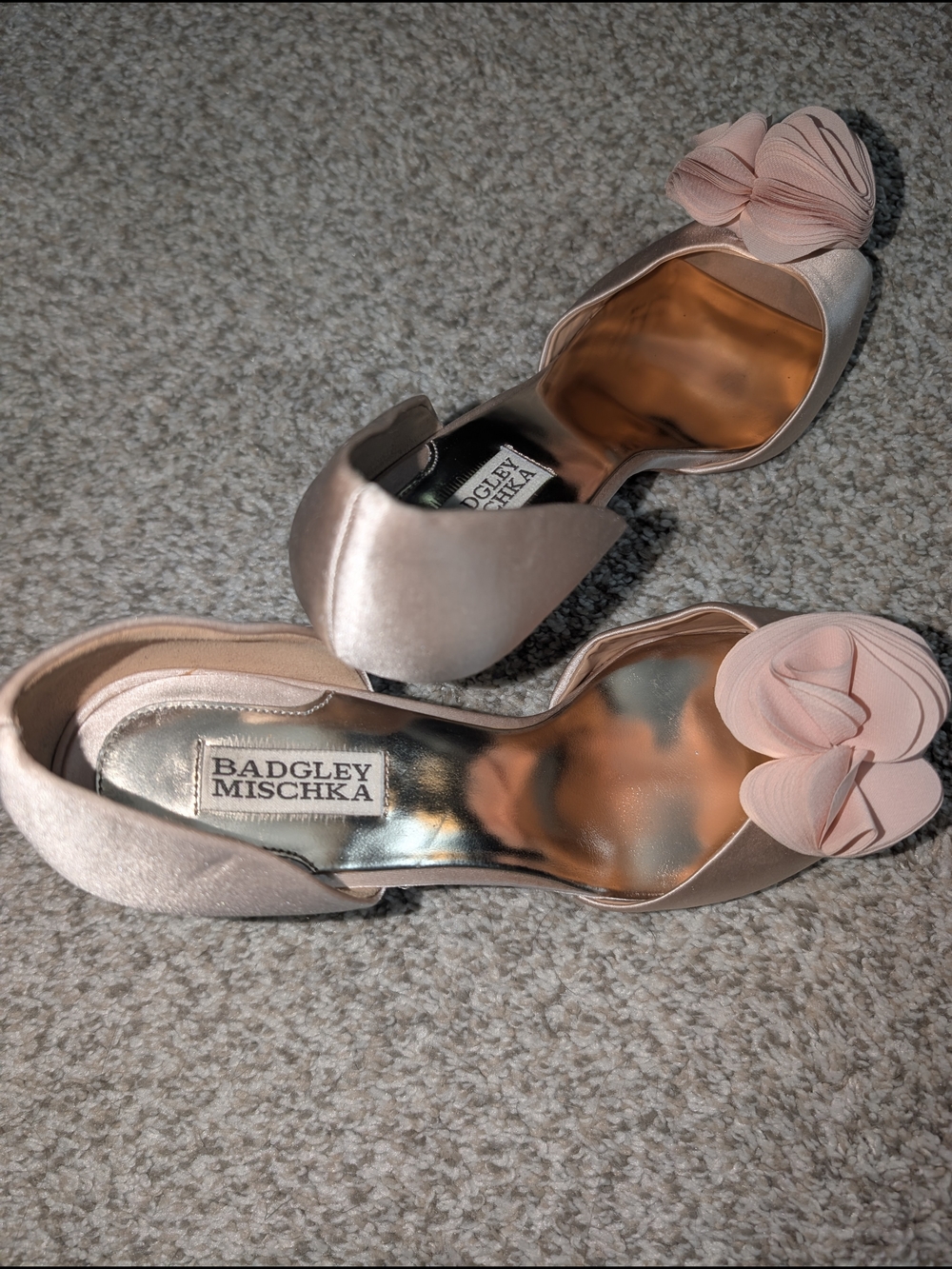 Badgley Mischka Pink Satin Peep-Toe Heels with Floral Accent - Picture 5 of 7